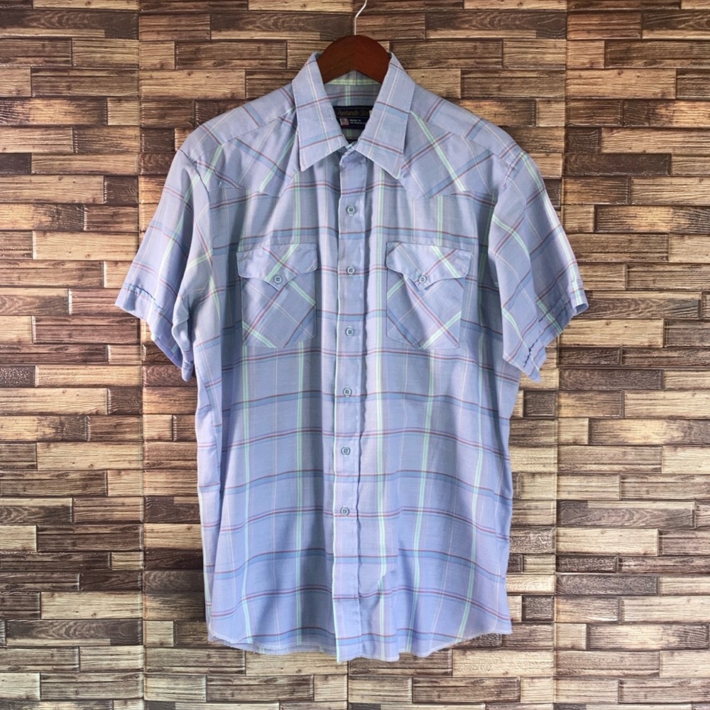 Panhandle Slim Men’s Short Sleeve Button-Down Shirt in Light Blue Plaid